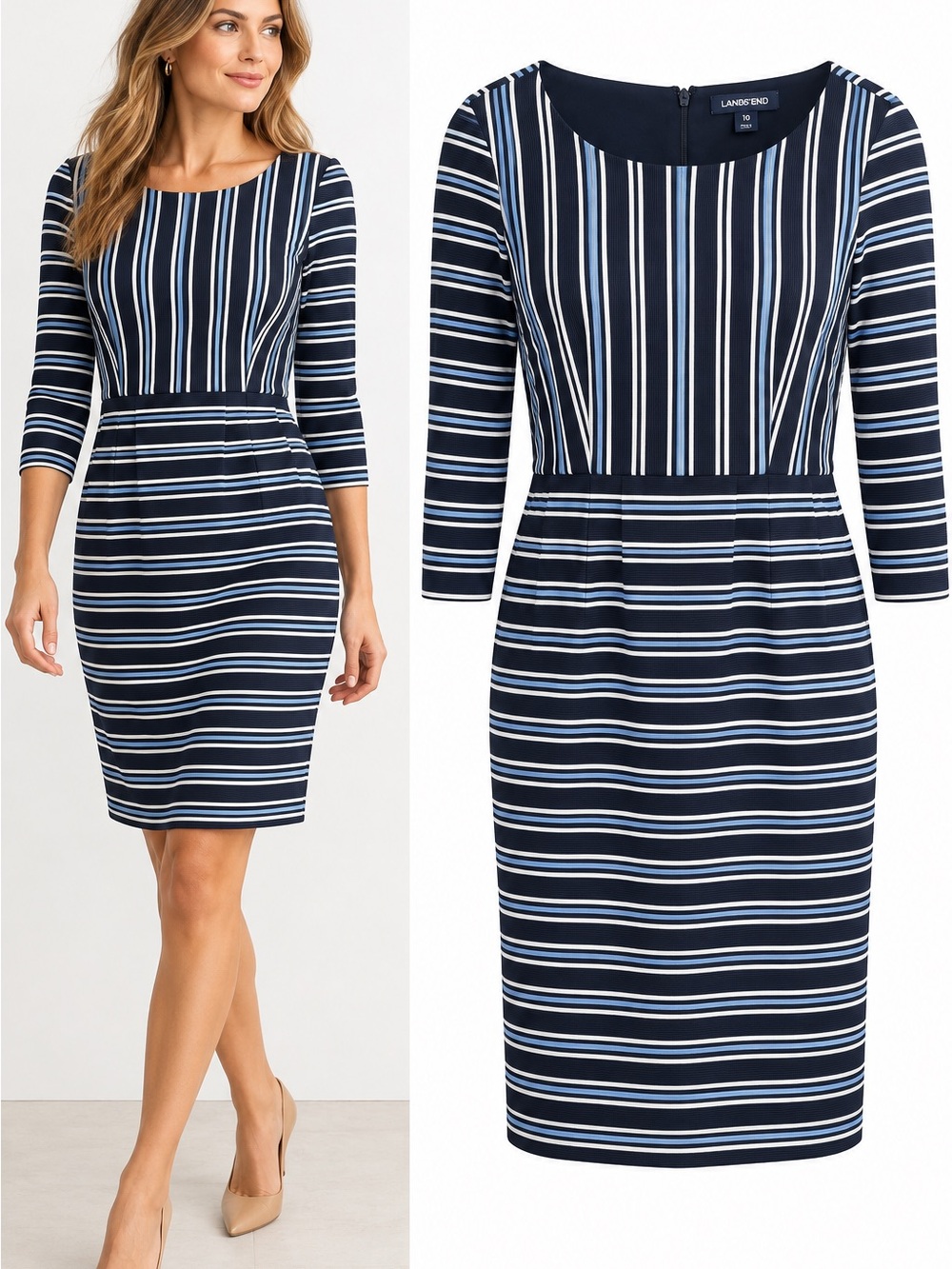 Lands' End Navy and White Striped Midi Sheath Dress